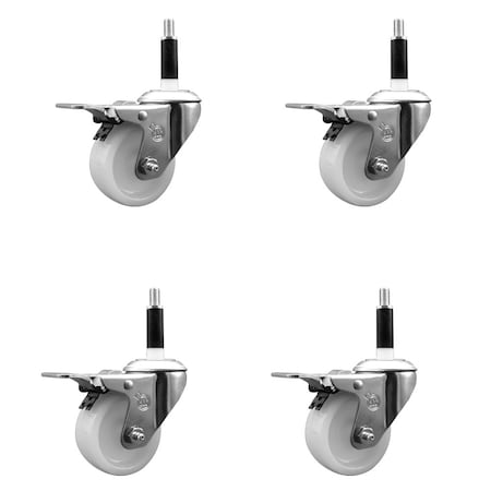 Service Caster 3'' SS Nylon Swivel 7/8'' Expanding Stem Caster Set Total Lock Brake, 4PK SCC-SSEXTTL20S314-NYS-78-4